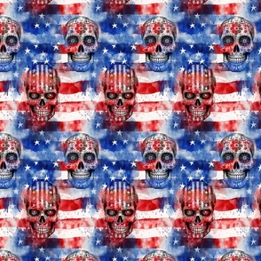 Patriotic Rebel Fusion American Flag And Skull Distressed Watercolor Design Smaller Scale