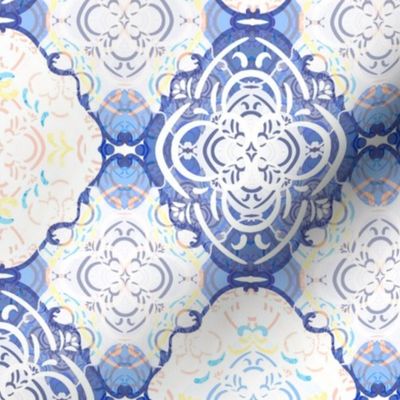 Fancy Blues Ornamental (Large scale) Blues, white, peach, yellow