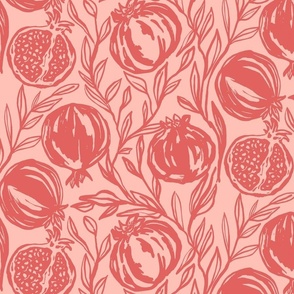 pomegranate and leaves bold block print in crimson red and light coral pink