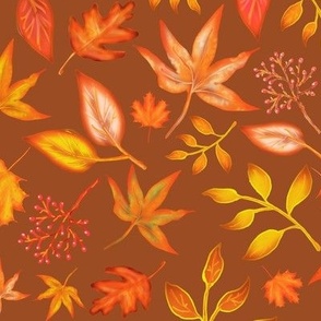 Autumn Leaves, Cute Boho, Fall Leaf Design On Brown