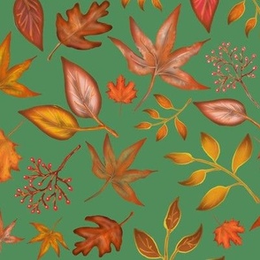 Autumn Leaves, Cute Boho, Fall Leaf Design On Green