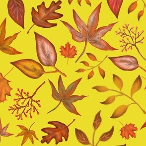 Autumn Leaves Fall, Cute Boho Leaf Design On Mustard Yellow