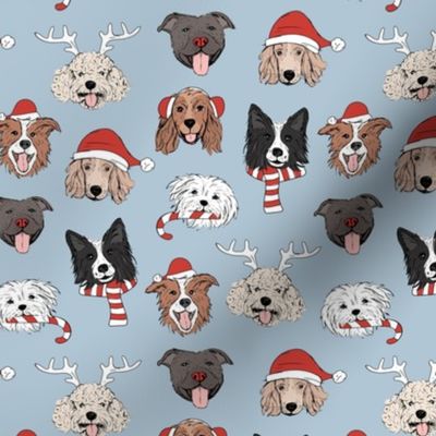 Christmas dogs - cute dressed up holiday puppies with antlers santa hats candy cane and sinter scarf and mittens on light blue 