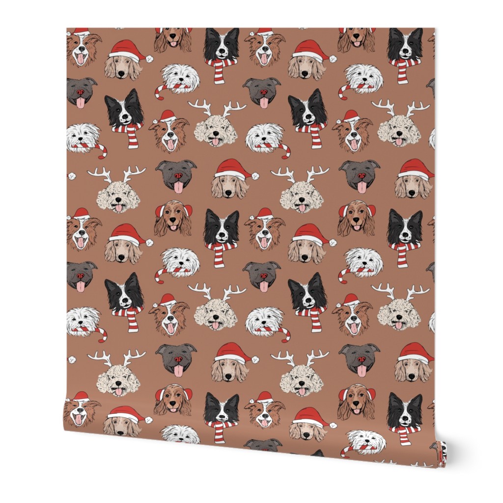 Christmas dogs - cute dressed up holiday puppies with antlers santa hats candy cane and sinter scarf and mittens on latte brown 