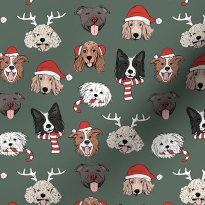 Christmas dogs - cute dressed up holiday puppies with antlers santa hats candy cane and sinter scarf and mittens on camo green 