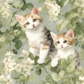 Calico Kittens With White Flowers