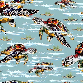Colorful Ocean Sea Life Creatures, Turtles Swimming Under the Sea, Blue and White Waves