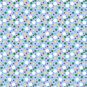 Colorful Yellow, Red, Green, White Polkadots on Light Blue