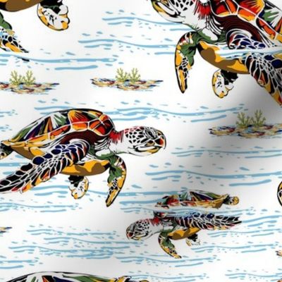 Modern Ocean Sea Life Creatures, Turtles Swimming Under the Sea, Blue and White Waves