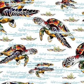 Modern Ocean Sea Life Creatures, Turtles Swimming Under the Sea, Blue and White Waves