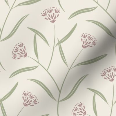 3 flowers - creamy white_ dusty rose pink_ light sage green - hand drawn classic