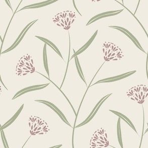 3 flowers - creamy white_ dusty rose pink_ light sage green - hand drawn classic