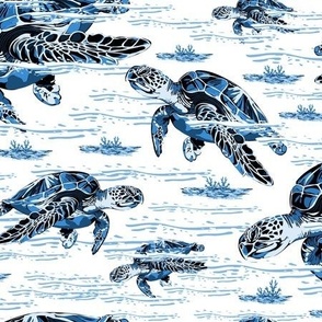 Modern Toile De Jouy, Blue Ocean Sea Turtles Swimming Under the Sea, Blue and White Waves