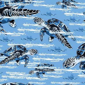 Modern Blue Ocean Sea Turtles Swimming Under the Sea, Blue and White Waves
