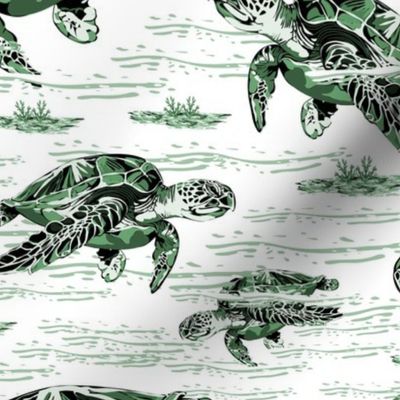 Modern Ocean Green Sea Turtles Swimming Under the Sea, Seaweed amid the Waves, Modern Green Monochrome Animal Sea Life Toile, Sea Life Powder Room Bathroom Décor, Endangered Ocean Creatures, Free Sea Turtles Ocean Swimming, Medium Scale