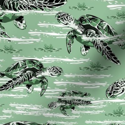 Green Ocean Sea Turtles Swimming in the Ocean, Graceful Marine Mammals amid the Seaweed Waves