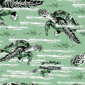 Green Ocean Sea Turtles Swimming in the Ocean, Graceful Marine Mammals amid the Seaweed Waves