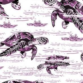 Pink Magenta Sea Turtles Swimming in the Ocean, Graceful Marine Mammals amid the Seaweed Waves