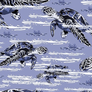 Monochrome Purple Blue Sea Turtles Swimming in the Ocean, Graceful Marine Mammals amid the Seaweed Waves
