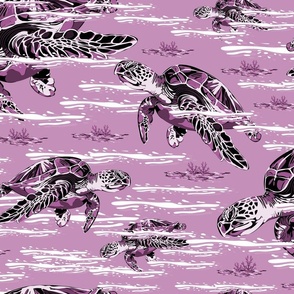 Shades of Pink Sea Turtles Swimming Under the Ocean, Graceful Marine Mammals amid the Seaweed Waves