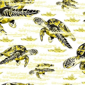 Bright Yellow Sea Turtles Swimming Under the Ocean, Graceful Marine Mammals amid the Seaweed Waves