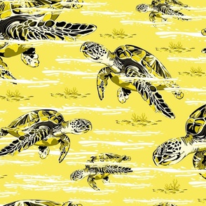 Yellow Ocean Sea Turtles Swimming Under the Sea, Blue and White Waves amid Seaweed
