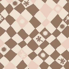 LARGE RETRO CLASSIC COASTAL PALM SUN CHECKERBOARD IN LIGHT PASTEL PINK BROWN+WHITE