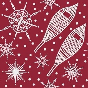 Vintage Snowshoes and Snowflakes Red (6.67x6.67)