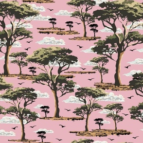 Pink Sky Hot Desert Sun, On Safari Landscape, Green Acacia Trees, Tranquil Desert Tree Forest