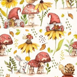 Small - Watercolor Fall woodland - Mushrooms and sunflowers-