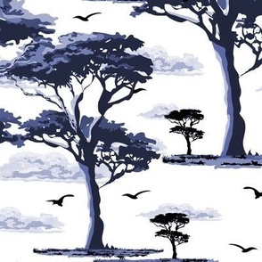 White and Blue Forest Landscape Toile, Serene Nature Scene Home Decor, Tranquil Arid Acacia Trees