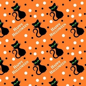 Cute Black Cat Happy Halloween on Orange Background