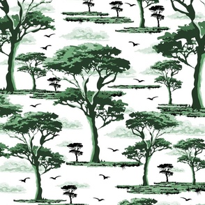 White and Green Forest Landscape Toile, Serene Nature Scene Home Decor, Tranquil Arid Acacia Trees