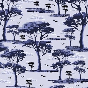 Blue on Blue Toile Forest Landscape, Serene Nature Scene Home Decor, Tranquil Arid Acacia Trees