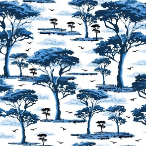 Vibrant Blue Toile Tree Forest Landscape, Serene Nature Scene Home Decor, Tranquil Arid Acacia Trees