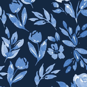 bloomcore navy blue watercolor floral / bloomcore / large scale for bedding and wallpaper