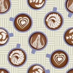 Cozy Café Latte Art Collection - Artistic Espresso Creations on Purple Sage Check for Coffee Lovers' Decor
