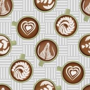 Sage Barista Bliss - Artful Latte Impressions on Grey Checked Background for Coffee Aficionado Textiles and Accents