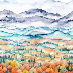 Fall Trees and Mountains, Bordure Design, handpainted watercolor 
