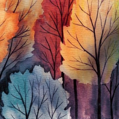 Fall trees and Mountains, bordure 2 yards high, handpainted watercolor
