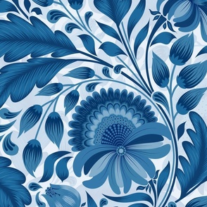 Large // Floral treat Monochromatic traditional flowers in Blue