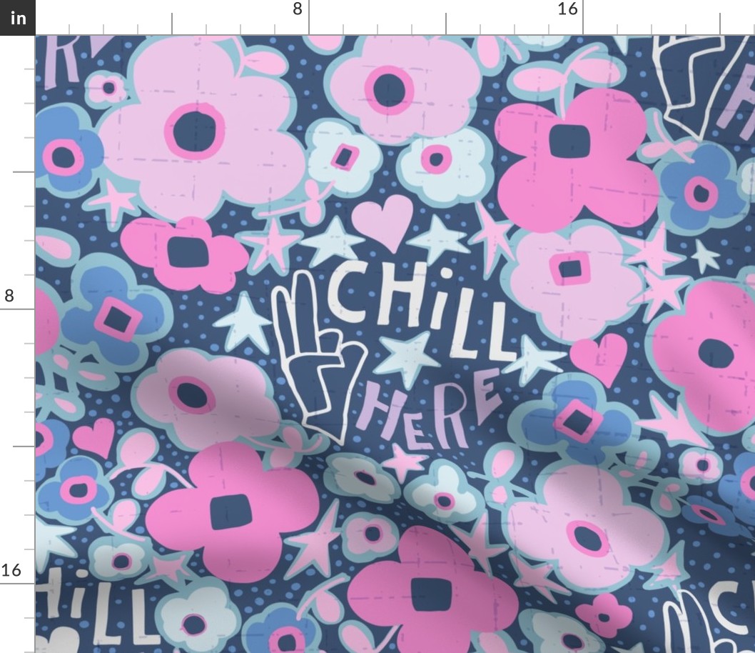 "Words: Chill Here" amidst a backdrop of pink and blue florals