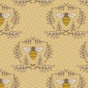 Garden Bee Damask | Wheat and Gold | Cottage Garden