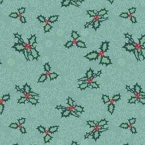 Holly branches on snowflakes on a blue background. Smallest 4.5 in