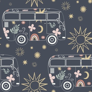 Retro Dreams | Camper Van | Charcoal, Pink, Gold & Green | Large Scale