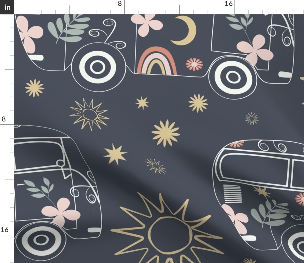 Retro Dreams | Camper Van | Charcoal, Pink, Gold & Green | Large Scale