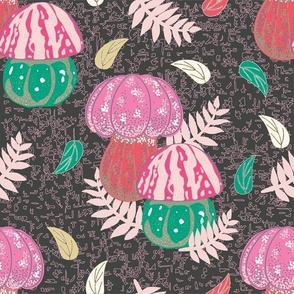 Pink and Green Pumpkin Mushrooms Magical Forest Dark