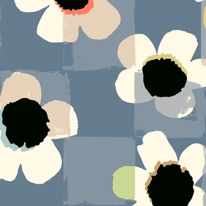 Flower Power Toss Check Background - Multi Color on Blues - Jumbo
