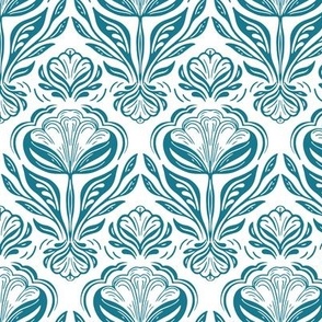 Geometric rows of stylised flowers teal, sea green and white, reversed large scale