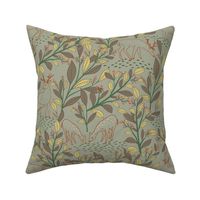 Reindeers in woodland - Decorative winter foliage and Reindeer in Sage green 